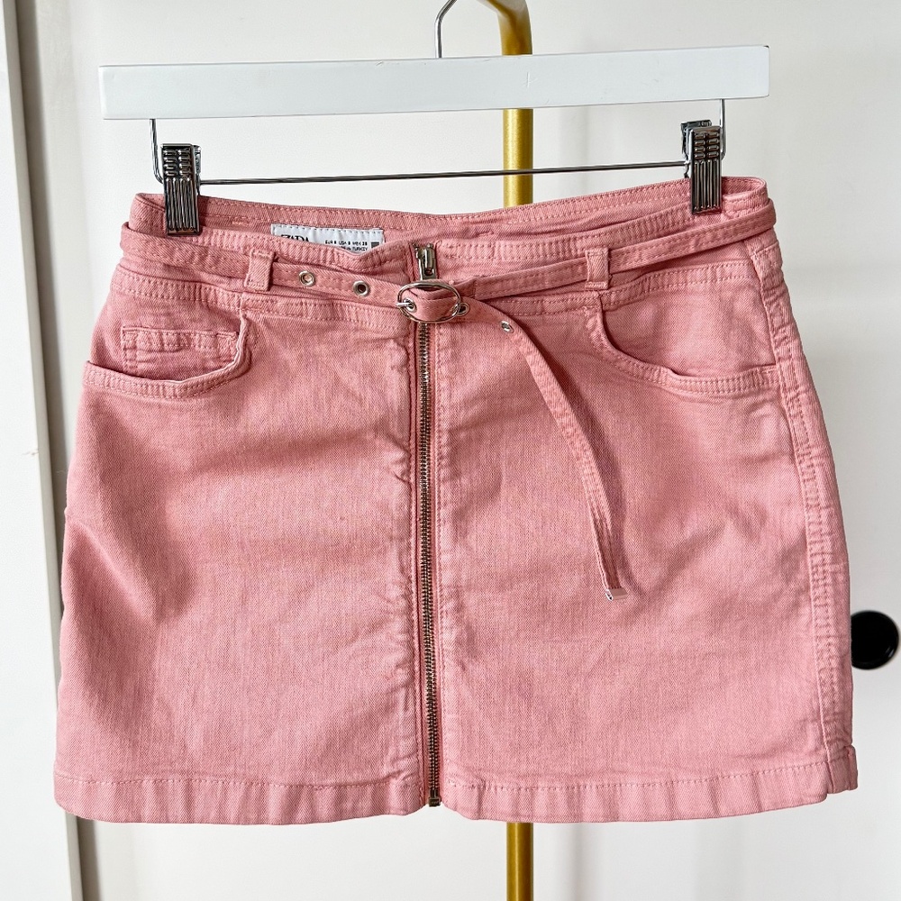 Zara Pink Denim Mini Skirt with Tie Belt – Size S
